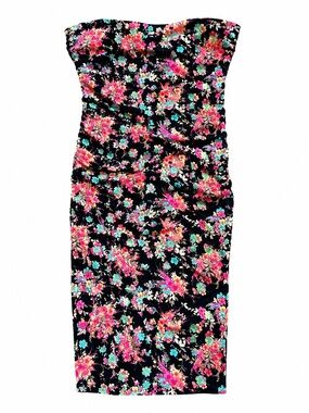 Lilly Floral Strapless Bodycon Midi Dress Women’s Medium Black Pink Tropical